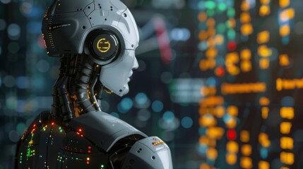 Fototapeta premium A robot stands in front of a sprawling cityscape, showcasing the contrast between the futuristic machine and the urban environment.