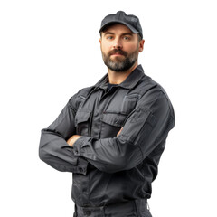 Man stands confidently wearing a professional mechanics uniform in front of a car on white background