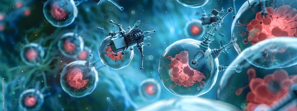 Poster nanotechnology nanobots exploring and interacting within a cellular environment in a 3d rendered