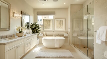 A spacious master bathroom with a freestanding tub, double vanity, and a walk-in shower, offering a spa-like retreat.