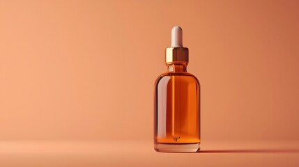 Naklejka premium An elegant, minimalist beauty product mockup featuring an amber glass bottle with golden accents against a soft peach background.