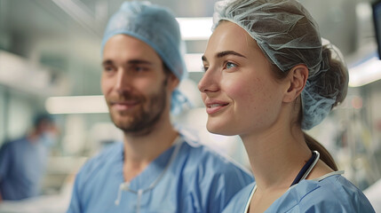 Smiling Surgeons in Blue Scrubs and Hairnets in Operating Room Positive Confident Medical Team