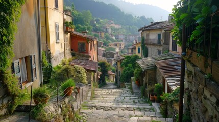 A steep, narrow road in a hilly village, with quaint houses perched on either side and winding steps leading up the slope. 