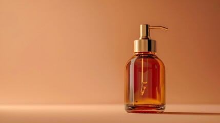 An elegant, minimalist beauty product mockup featuring an amber glass bottle with golden accents against a soft peach background.