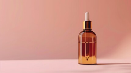 Fototapeta premium An elegant, minimalist beauty product mockup featuring an amber glass bottle with golden accents against a soft peach background.