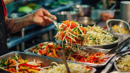 Authentic som tam salad served in a street food market, showcasing the bustling atmosphere and diverse culinary offerings of Thailand's vibrant food scene
