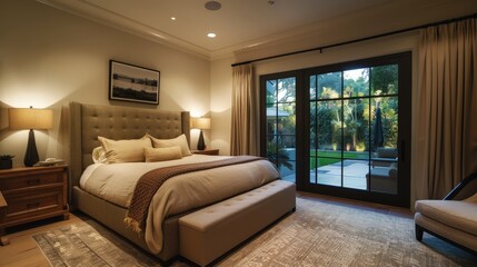 A tranquil bedroom featuring a king-size bed with luxurious linens, soft lighting, and a view of the serene backyard. 
