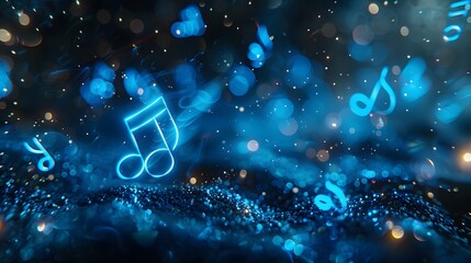 Blue musical notes floating in the air on dark background with bokeh effect