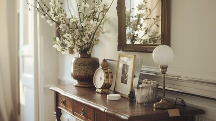 A vintage console table in the hallway, decorated with family photos, a vase of fresh flowers, and a decorative lamp. 