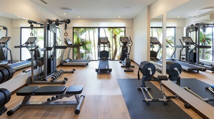 Obraz premium A well-equipped home gym with exercise machines, free weights, and mirrors, allowing for convenient and effective workouts. 