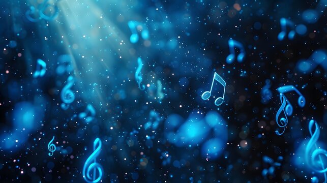Blue musical notes floating in the air on dark background with bokeh effect