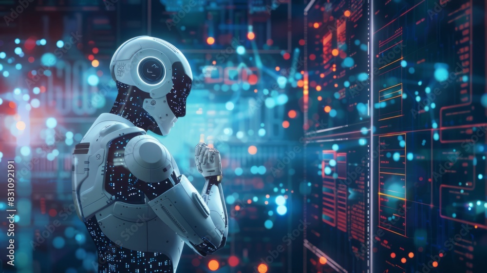 Poster a robot stands in front of a massive wall covered with data, analyzing and processing information.