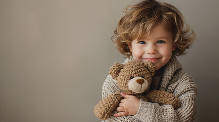 Smiling Child Holding Brown Teddy Bear Cozy Sweater Against Neutral Background Curly Hair Adorable Innocence
