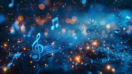 Blue musical notes floating in the air on dark background with bokeh effect