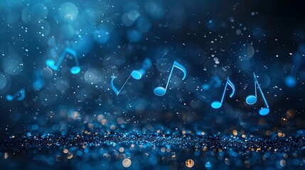 Blue musical notes floating in the air on dark background with bokeh effect
