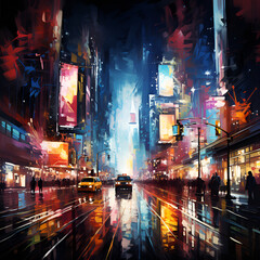 Obraz premium A vibrant city street at night, adorned with neon lights, 