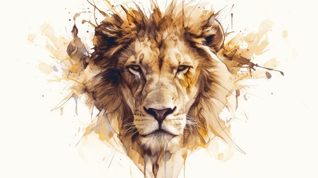 A striking depiction of a lion s face against a white backdrop