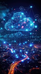 Obraz premium 5G wireless network high speed internet clouds glowing city background