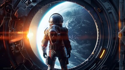Fototapeta premium Spaceman in a spacesuit stands in front of spaceship circle window