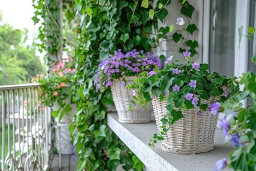 A cozy balcony corner adorned with white wicker planters filled with cascading ivy, trailing vinca, and delicate lobelia, transforming the space into a lush and verdant retreat.