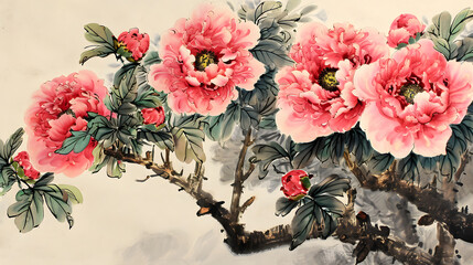 peony and flowers traditional painting illustration abstract background decorative painting