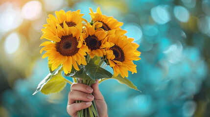 Hand Holding Bright Yellow Sunflowers Against Blurred Bokeh Aqua Background Summer Happiness