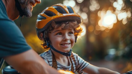 Father helping cheerful son to wearing bicycle helmet blurred background