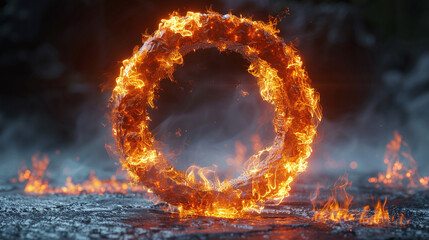 Flaming Circular Ring on Dark Smoky Background Symbolizing Eternal Fire and Power