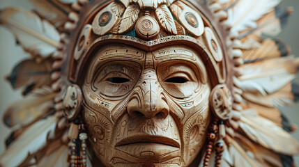 Obraz premium Closeup of Intricately Carved Wooden Native American Mask with Feathers and Detailed Patterns