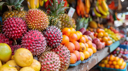 Vibrant Exotic Fruits on Display in Open Air Market with Blurred Background