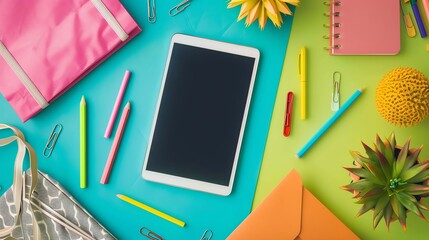 Tablet with a listing for an online store for sale, surrounded by office supplies