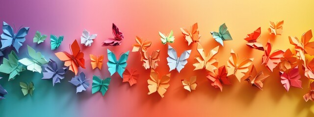 Multicolored paper butterflies on colorful background