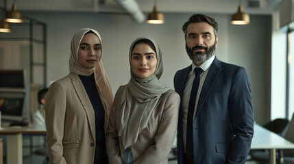 Diverse Professional Team in Modern Office Wearing Business Attire and Smiling Confidently