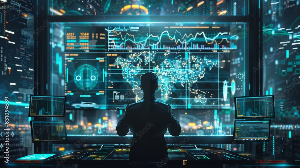 Poster a man is standing in front of a computer screen, focusing on the digital content displayed.