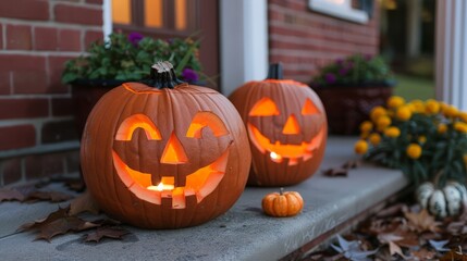 Obraz premium Carving jack-o'-lanterns to decorate the front porch and create a spooky ambiance.