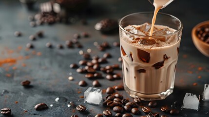 Iced coffee with ice cubes and cream being poured into a glass on a dark background, copy space for text, banner design.