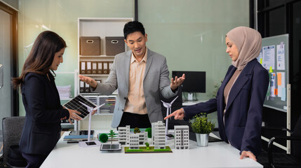 Engineer Teamwork Meeting, with partner on model building at company office working technology, Renewable energy-based green businesses and global warming.