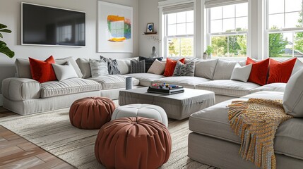 Casual family gathering space with a sectional sofa, bean bags, and a game console, promoting fun and camaraderie