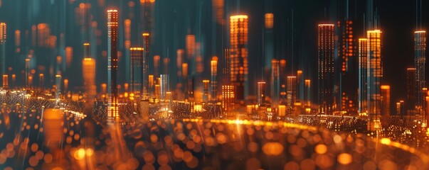 abstract futuristic cityscape made from glowing data points and bar charts