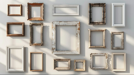 Collection of Various Vintage Picture Frames on Neutral Wall Background in Soft Sunlight