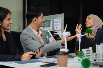 Engineer Teamwork Meeting, with partner on model building at company office working technology, Renewable energy-based green businesses and global warming.