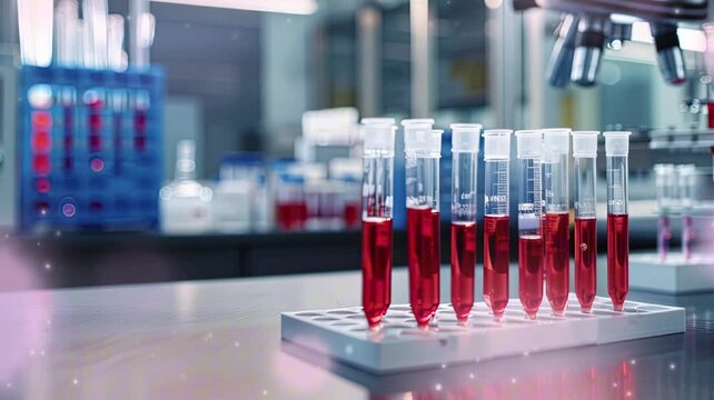 laboratory tools reference. blood liquid in pipettes with lab background