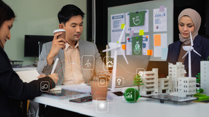 Engineer Teamwork Meeting, with partner on model building at company office working technology, Renewable energy-based green businesses and global warming.