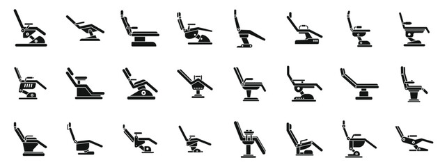 Dental chair icons simple set vector. A collection of various types of chairs and recliners. Some are designed for medical use, while others are for home use. The chairs come in different shapes and