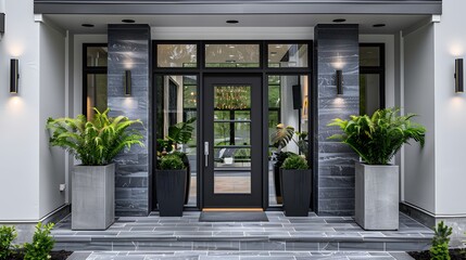 Modern front door with a black frame and glass, framed by square planters on the sides of the house entrance in white color.