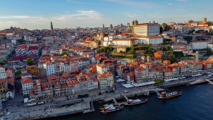Old town of Porto at river Douro, Portugal aerial photo 12 may 2024 year. Sunset