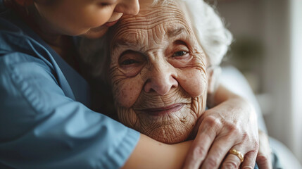 Caring Nurse Embracing Elderly Woman Happiness and Warmth in Healthcare Setting