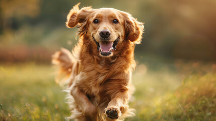 Obraz premium Golden Retriever Running Joyfully Through Sunlit Meadow Green Grass Background Happy Dog Outdoors