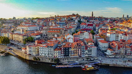 Old town of Porto at river Douro, Portugal aerial photo 12 may 2024 year. Sunset