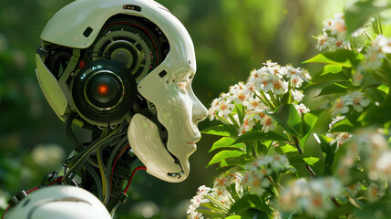 Robot sniffing flowers in blooming field
